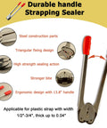 Heavy Duty Full Set Pallet Strapping Kit With Poly Strap Tensioner And Band Sealer Half By Four Thousand Inch Polypropylene Roll Plus One Hundred Metal Seals For Hella Smooth Hauls And Zero Hassle strapping sealer with durable handle, made of steel, features ergonomic design.