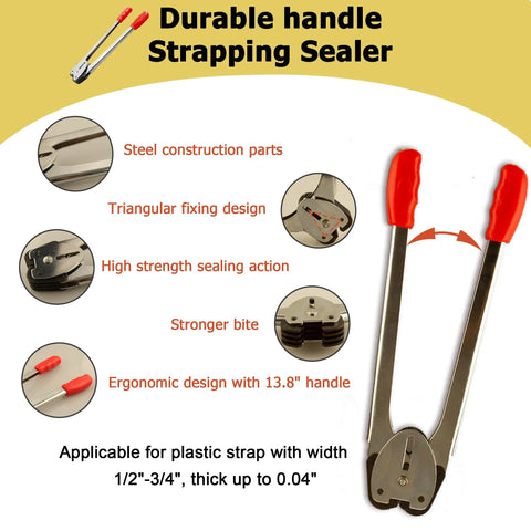 Heavy Duty Full Set Pallet Strapping Kit With Poly Strap Tensioner And Band Sealer Half By Four Thousand Inch Polypropylene Roll Plus One Hundred Metal Seals For Hella Smooth Hauls And Zero Hassle strapping sealer with durable handle, made of steel, features ergonomic design.