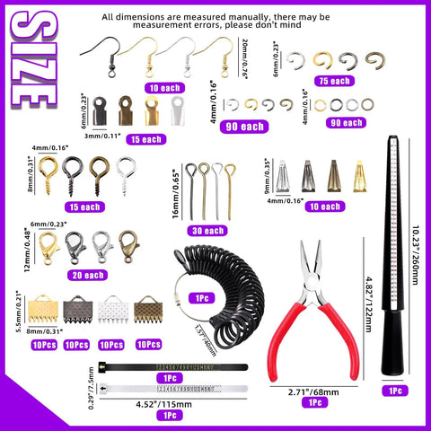 1466 Piece Jewelry Making Kit With Tools, Pliers, Ring Sizer And Jump Rings For Necklace And Bracelet Crafting, 40 Styles Findings Set shown with parts and tools displayed, including pliers and coiled wire.