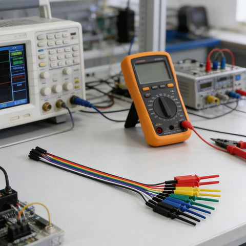 Micro SMD Grabber Clips for Logic Analyzer and Oscilloscope Probes on lab bench with multimeter and electronics equipment.