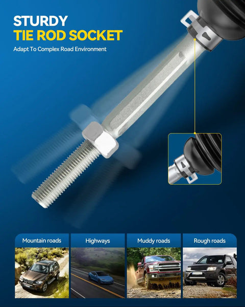 Close-up view of a sturdy tie rod socket shown against various road environments, including mountain and muddy roads.