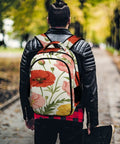 Person wearing Vibrant Watercolor Poppies Backpack In Red Pink And Yellow For Unisex Use With Large Capacity Daypack on forest path.