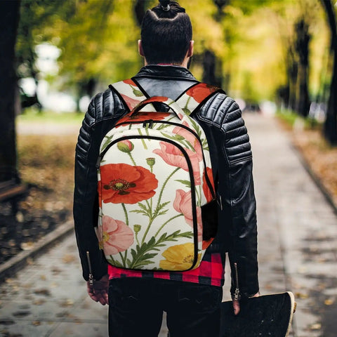 Person wearing Vibrant Watercolor Poppies Backpack In Red Pink And Yellow For Unisex Use With Large Capacity Daypack on forest path.