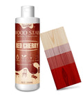 Smooth As Silk Water Based Wood Stain For Indoor And Outdoor Projects Fast Drying With Zero Fumes Non Toxic Low Odor Formula In Rich Red Cherry 250ml bottle with wood sample.