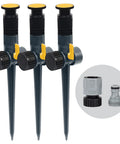 Three Pack Multi Adjustable Spike Sprinklers With Quick Connect Bundle, Flow Through Base, Hose Ready, Durable Black Grey Yellow