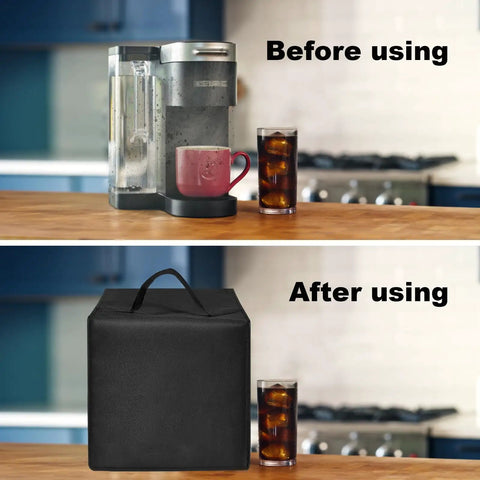 Before and after view of Heavy Duty Waterproof Nylon Coffee Maker Cover For K-Supreme And K-Compact Single Serve Espresso Machines, Dustproof Shield With Snug Fit, 11.8 X 10.2 X 13.8 Inches, Keeps Your Brewer Clean And Ready.