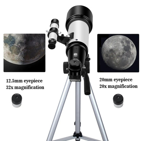 Noob-Friendly 70mm Refractor Telescope For Beginners And Kids, 400mm Focal Length Travel Scope With AZ Mount, Observe The Moon And Scenic Landscapes, Lightweight White Body With High-Transmittance Optics, Easy Setup, with 12.5mm and 20mm eyepieces on tripod