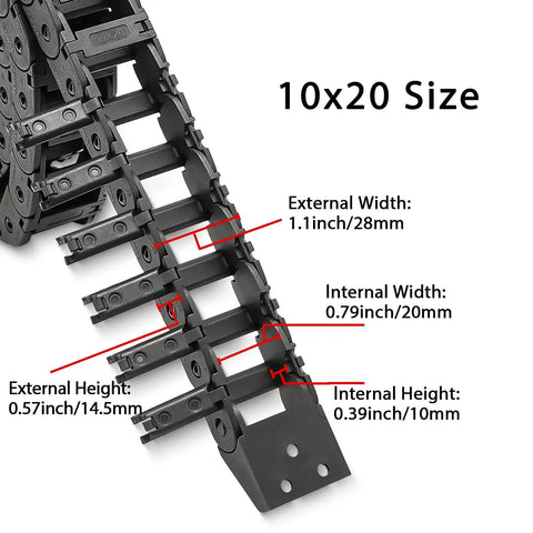 39.3 Inch Open Type Drag Chain Cable Carrier detailed dimensions 1.1in/28mm external width, 0.79in/20mm internal width, black plastic