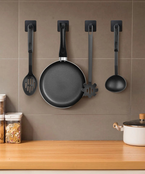 Heavy Duty Self Adhesive Wall Hooks 4 Pack For Bathroom Kitchen Coat Robe And More Matte Black Stainless Steel No Punch Installation Premium Finish That Resists Water And Rust For Towels And Coats With Easy Wall Friendly Adhesive mounted on kitchen wall with utensils