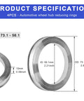 Four Pack Hub Centric Rings 56 To 73 Mm Wheel Center Bore Adapters, aluminum alloy, detailed specifications view.