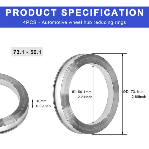 Four Pack Hub Centric Rings 56 To 73 Mm Wheel Center Bore Adapters, aluminum alloy, detailed specifications view.
