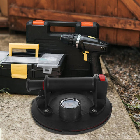 Heavy Duty Glass Suction Cup Lifter With Pressure Gauge For Sturdy Handling Heavy Load Tile Stone And Metal Sheets on workbench