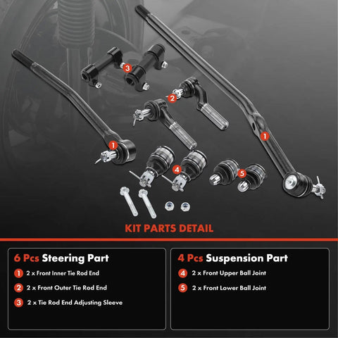 Front Suspension Kit 10 Piece With Upper And Lower Ball Joints And Tie Rod Ends For Ford E Series Econoline Vans 1992 To 2006 Drag Link Included For Heavy Duty Road Ready Performance And Easy Direct Fit Upgrade, kit parts detail