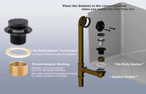 Tap To Open Close Bath Drain Trim Kit In Matte Black With Two Hole Overflow Faceplate No Plumber Gasket No Putty Required Replacement Bath Drain Trim Set Universal Fine Coarse Thread Easy Install installation diagram with components