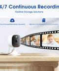 4MP Indoor Outdoor Home Security Camera System, 2 Pack, 2.4G And 5G WiFi, Easy Plug And Play Setup on wooden table, film reel showing baby monitoring