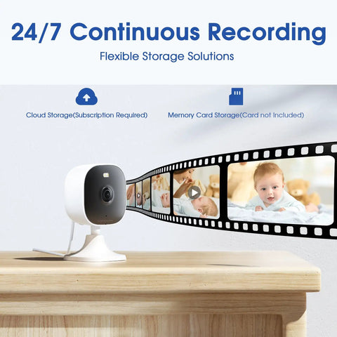 4MP Indoor Outdoor Home Security Camera System, 2 Pack, 2.4G And 5G WiFi, Easy Plug And Play Setup on wooden table, film reel showing baby monitoring