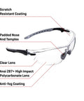 Shooting Safety Glasses With Anti Fog Lenses For Range And Hunt, ANSI Z87.1 Plus And CE Rated Eye Protection, clear lens, padded nose.