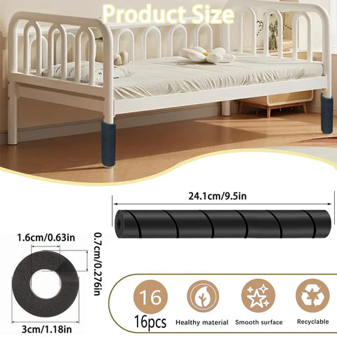 6 Inch Bed Frame Toe Protectors 16 Pack Black No Glue No Adhesive Durable Rubber Bed Leg Covers That Prevent Toe Stubs On Hard Furniture And Keep Floors Safe And Quiet, shown installed on a white bed frame.