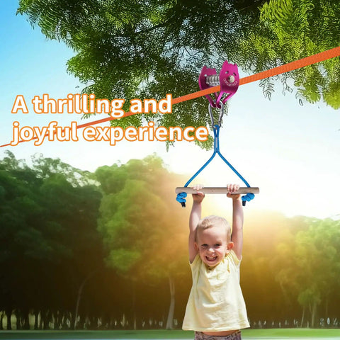 Child using Zipline Pulley For Slackline Kit With Ninja Slider And Brake Stopper, Quick Backyard Setup, hanging from a tree.