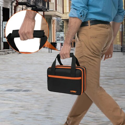 Man carrying Rugged Double Layer Carrying Case For Electrical Testing Gear Fits ET310 ET80101 ET80016 with handle insert detail.