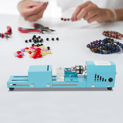 Compact Mini Lathe Machine For Table Workbench Precision Wood Turning Milling Tool With 96W Copper Motor showing setup with colorful beads.