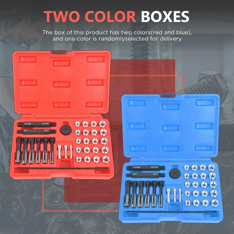 33 Piece Glow Plug Thread Repair Kit For Diesel Cylinder Heads in red and blue cases, showing tools for 8mm, 10mm, and 12mm threads.