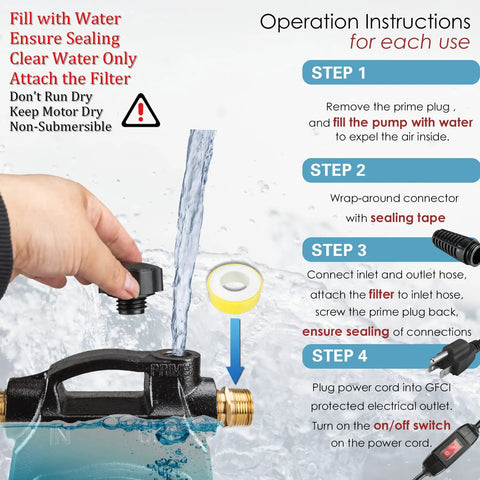 Instructions for using KITLUCK 120V 1/2 HP 1500GPH Cast Iron Portable Electric Utility Water Pump with ON/OFF switch and brass connectors