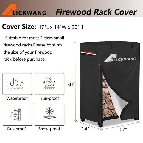 Heavy-Duty 600D Waterproof Firewood Rack Cover For 2-Tier Racks Up To 17 Inches Wide with dimensions and features