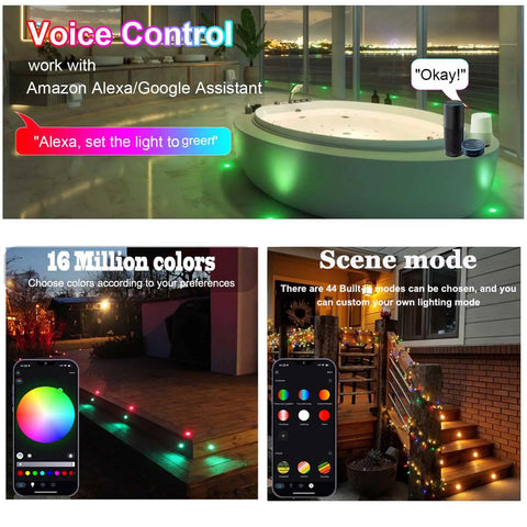 Lit LED Deck Lights Kit 10 Pack RGBW Recessed Low Voltage In Ground Lighting with Smartphone Control around hot tub