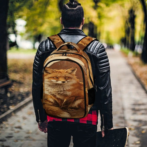 Person wearing Autumn Pasture Fox Printed Unisex Backpack With Large Capacity Durable Polyester Daypack in park