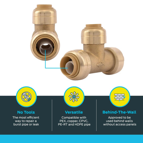 Reducing Tee 1/2 Inch To 1/2 Inch To 3/8 Inch Push To Connect Brass Plumbing Fitting Pack Of 6 For PEX Copper CPVC PE RT HDPE U363LF