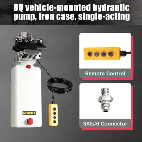 8L plastic reservoir hydraulic power unit with remote control and SAE#6 connector, ideal for dump trailers and industrial use