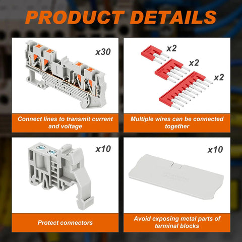 Image shows DIN Rail Terminal Block Kit For Quick No-Fuss Wiring With Twin Spring Push-In Connectors And Screwless PT Setup components.