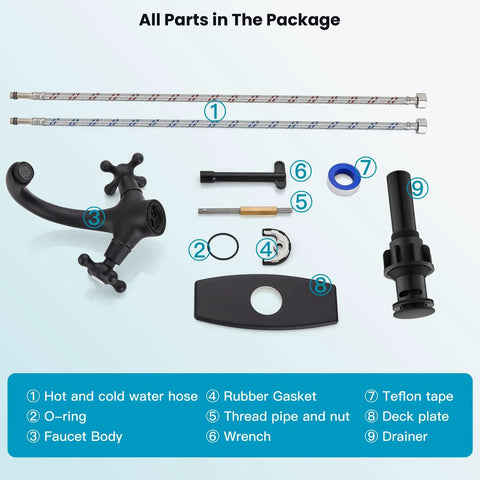 Package contents of Matte Black Single Hole Bathroom Faucet With Cross Handles Lavatory Vessel Sink Mixer Tap No Fuss Install Pop Up Drain Deck Plate Solid Brass Build Anti Rust Finish Low Flow 1.19 GPM
