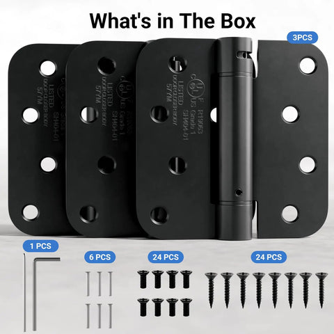 3 Pack Self Closing Door Hinges 4 Inch Matte Black With Adjustable Tension Auto Close Spring Loaded Hardware and accessories.