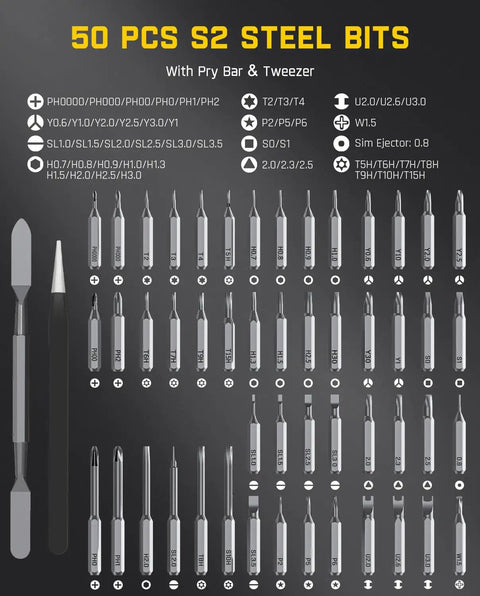50 Pcs S2 Steel Bits Set with Pry Bar and Tweezers for use with Slick Grip Cordless Electric Screwdriver Set.
