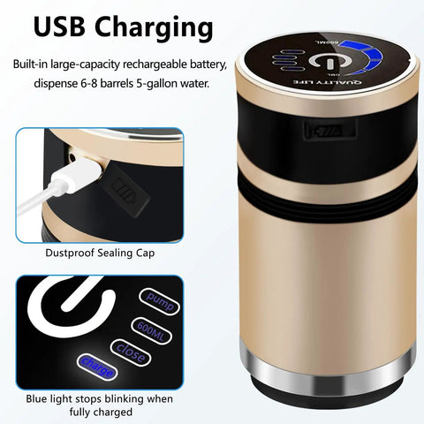 Portable USB Rechargeable Water Pump For 5 Gallon Jugs With Child Lock And Auto Shutoff showing USB charging port and control panel