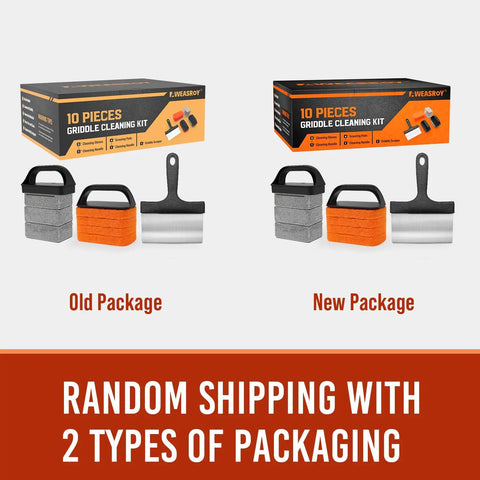 Comparison of two 10-piece griddle cleaning kits including stone scraper, brush, pad for Blackstone flat top grills, old and new packaging.