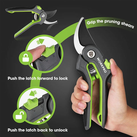 Hand holding 8 Inch Bypass Pruning Shears With Sharp SK5 Steel Blades For Smooth Pro Grade Cuts, Rust Resistant Garden Pruner