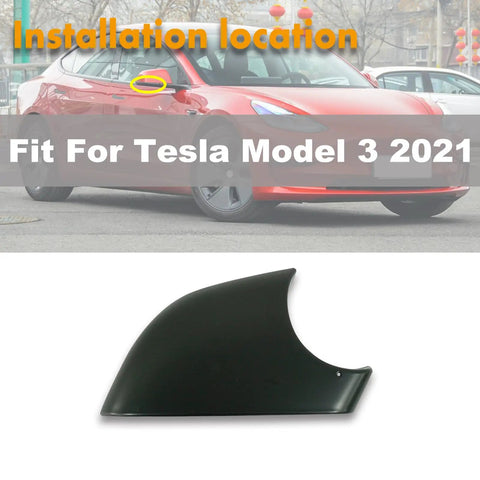 Premium Black Right Side Rearview Mirror Lower Cover Cap And Bottom Tray Fit For Tesla Model 3 2017 To 2021 view with installation location highlighted.