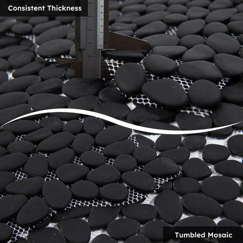 Close-up of Black Oval Pebble Tile Kit For Shower Floor And Backsplash, 5 Sheets, Pebble Mosaic For Kitchen Bathroom Wall And Floor