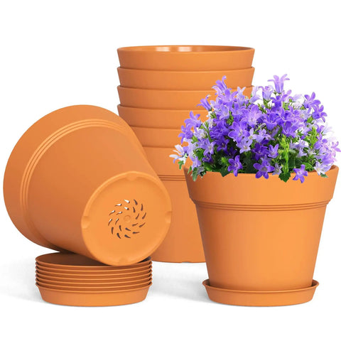 Stacked 4 Inch Plastic Plant Pots With Drainage Holes And Trays, 8 Pack For Indoor And Outdoor Plants And Flowers, Seedling Starter Planters