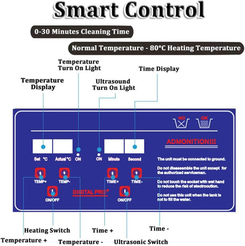 Control panel of Kickass Ultrasonic Cleaner With Built In Heater And Digital Timer for precise time and temperature settings.