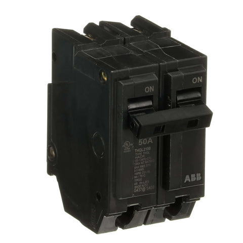 Side view of a 50 Amp Double-Pole Circuit Breaker 120/240 VAC 10 kAIC Thermal-Magnetic LI Long-Time & Instantaneous Trip Plug-In Mount