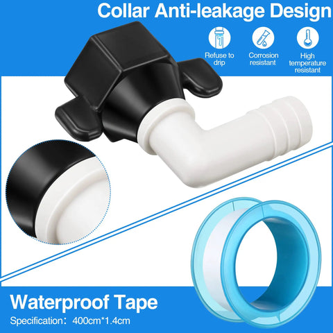 Rotating One Half Inch RV Water Pump Fittings Kit With 360 Degree Swivel Elbow And Straight Barb Adapter One Half Inch Female NPT PEX Compatible Comes With Thread Seal Tape For Leak Free Water Strainer Connection, black and white elbow fitting with waterproof tape
