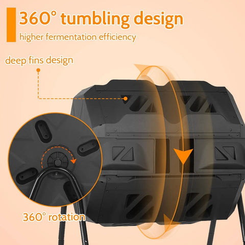 43 Gallon Dual Chamber Outdoor Compost Bin With Sliding Doors, Tumbling Rotating Composter, Manual Tiller shown in 360° rotation