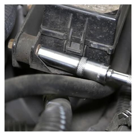 Seven Sixteenths SAE Deep Socket, Three Eighths Inch Drive used in engine bay, thin wall design reaching recessed fastener