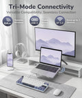Compact 60 Percent Mechanical Gaming Keyboard Wireless Three Mode Setup on a clean desk with a laptop and monitor