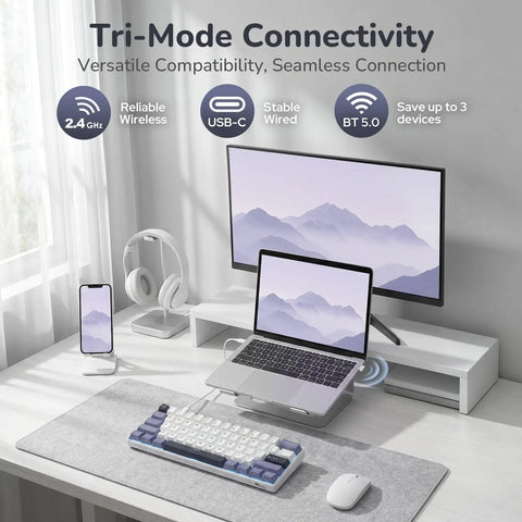 Compact 60 Percent Mechanical Gaming Keyboard Wireless Three Mode Setup on a clean desk with a laptop and monitor