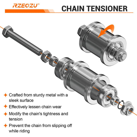 Beefed-Up Mini Bike Chain Tensioner For 35 Chain With 140 Links showing metal components and assembly details